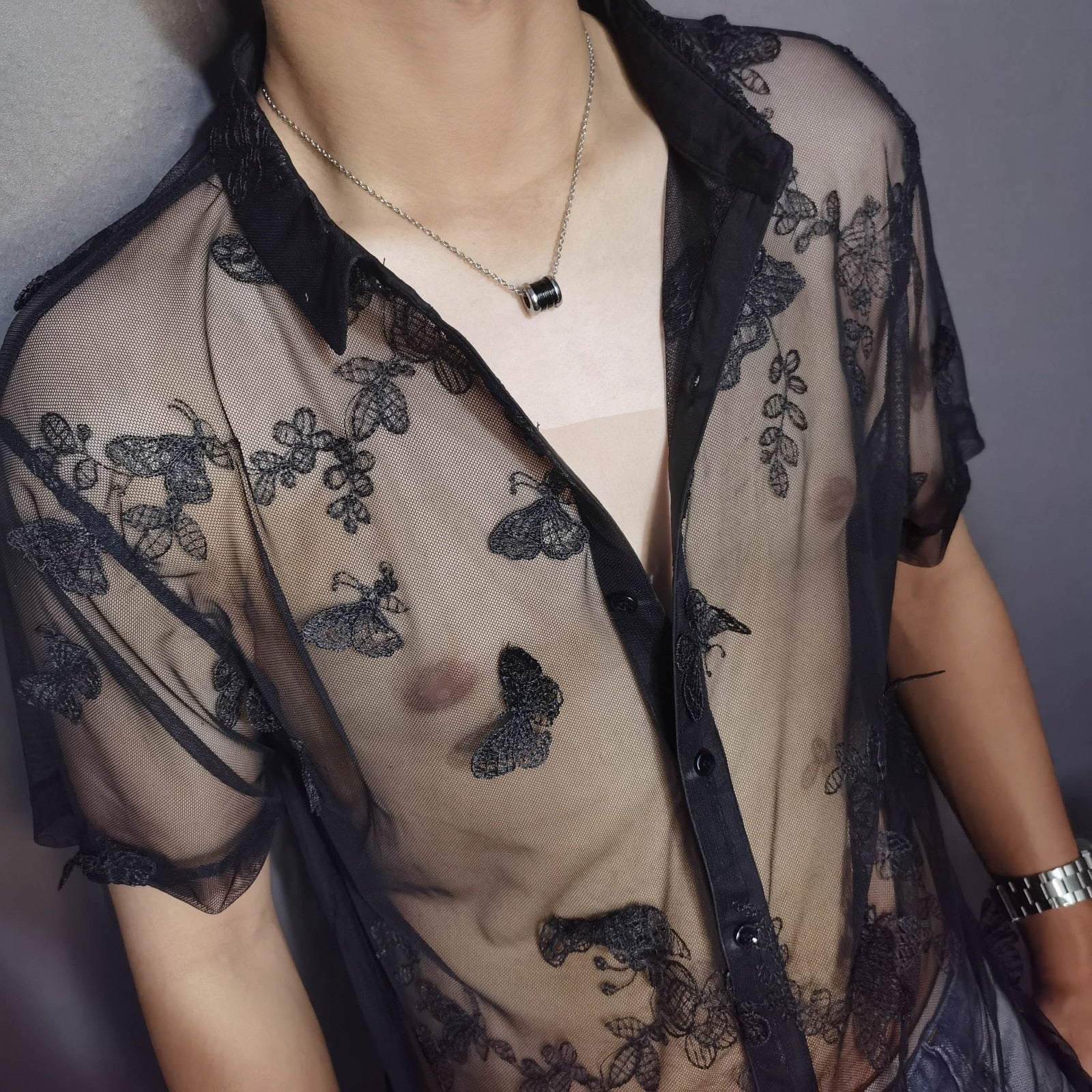 Stylish Men's Black Solid Butterfly Lace Short Sleeve Casual Shirt