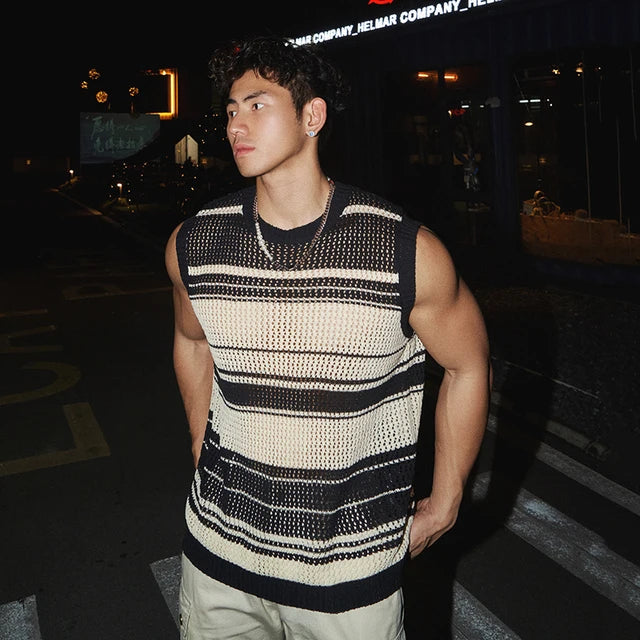 Stylish Loose-Fit Striped Cotton-Polyester Knitted Tank Top for Daily Wear