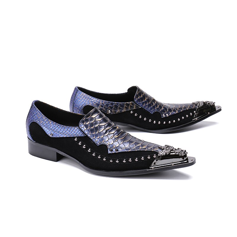 Men's Metallic Cowhide Snakeskin Leather Shoes with Side Rivets