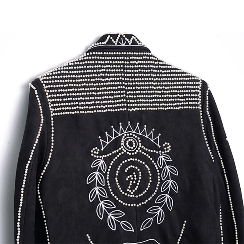 Black Baroque Style Sequined Beads Long Men's Blazer - A Fashionable Outerwear