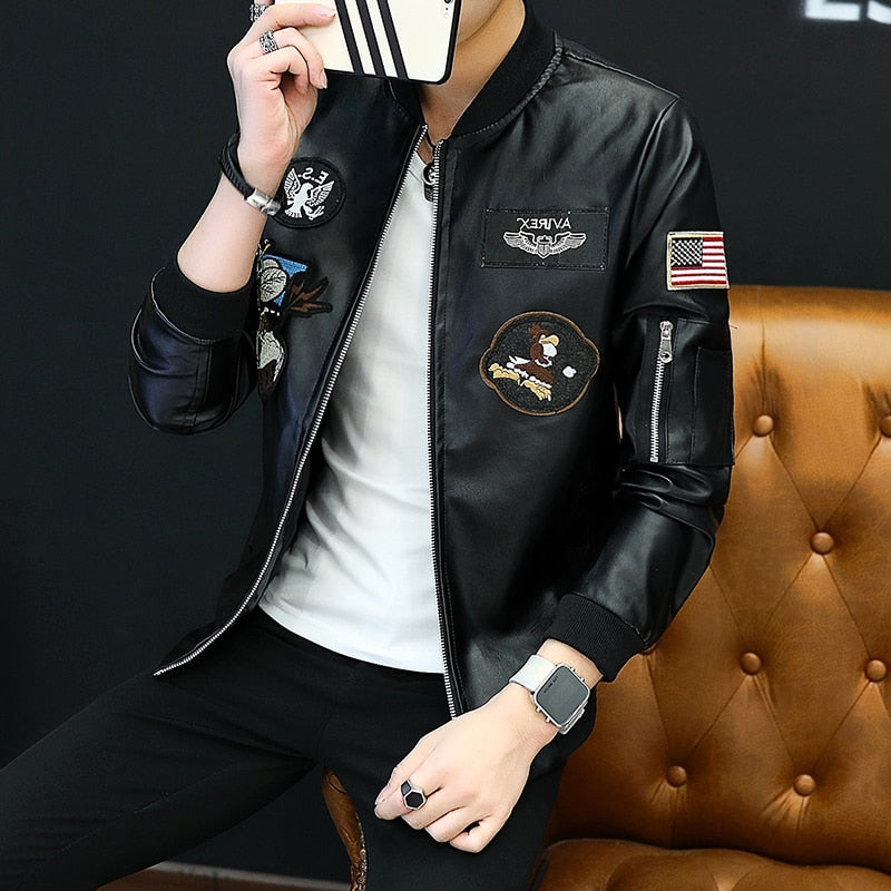 Men's Black Faux Leather Jacket with Multiple Patch Embroidery