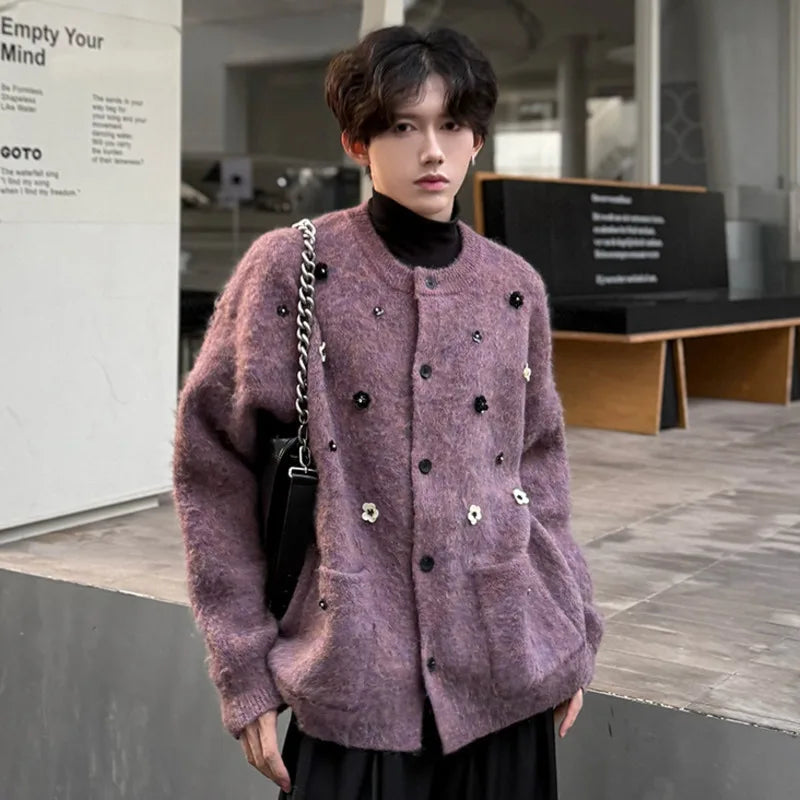Men's Loose Floral Beaded Cardigan for a Casual Sophistication
