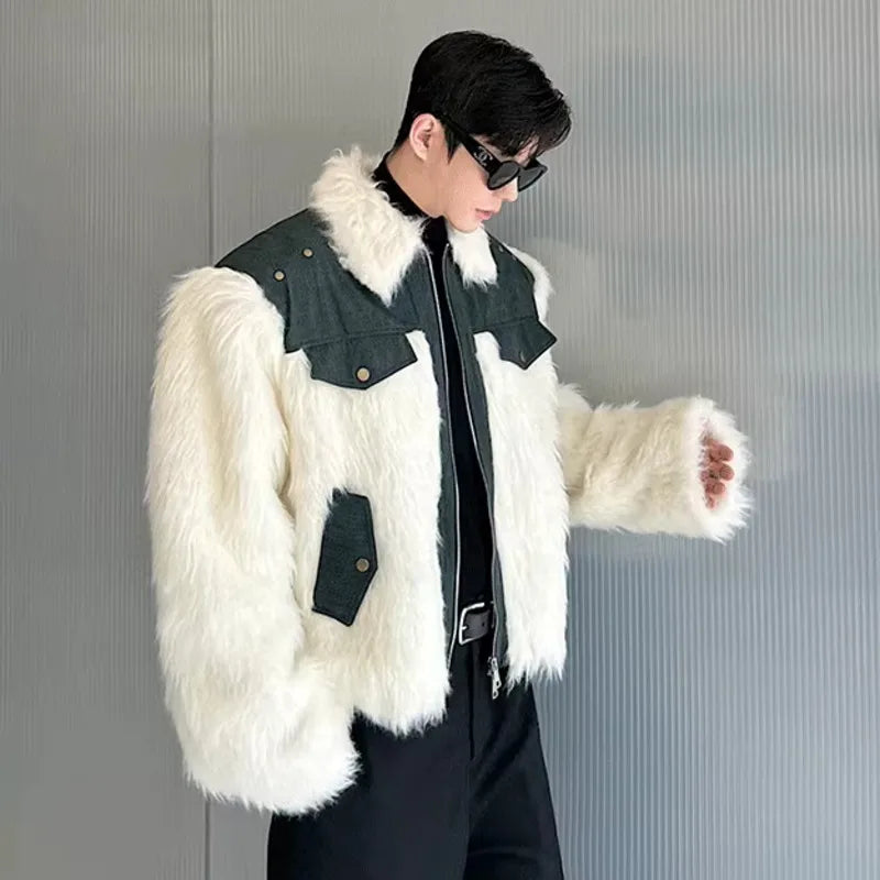 Stylish Denim Patchwork Faux Fur Winter Jacket