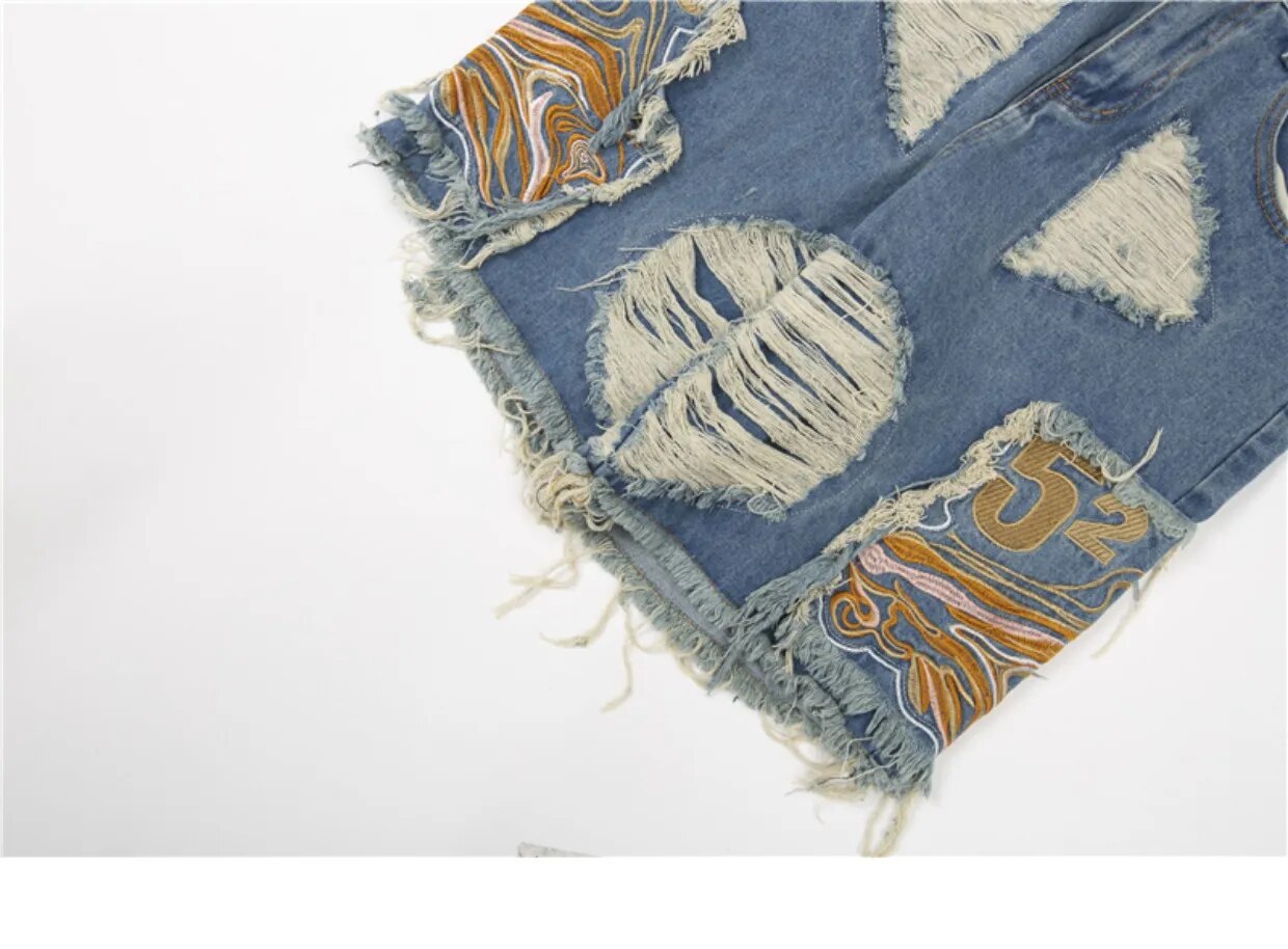 Stylish Embroidered Patchwork Low - Rise Ripped Denim Shorts