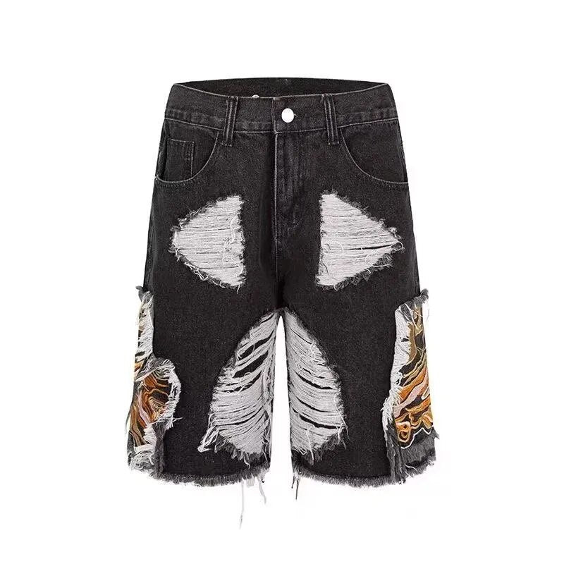Stylish Embroidered Patchwork Low - Rise Ripped Denim Shorts