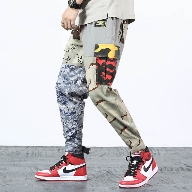 Men's Tactical Cargo Pants with Mix Camouflage Pattern Patchwork