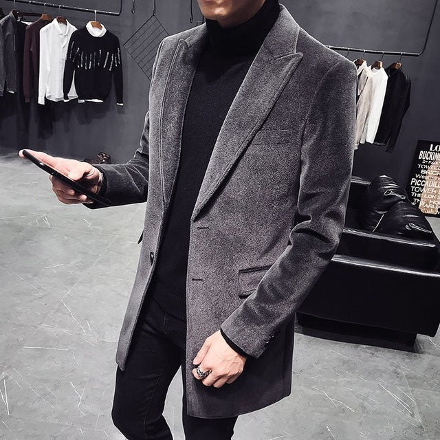 Men's Single-Breasted Wool Blend Outer Coat with English Style Design