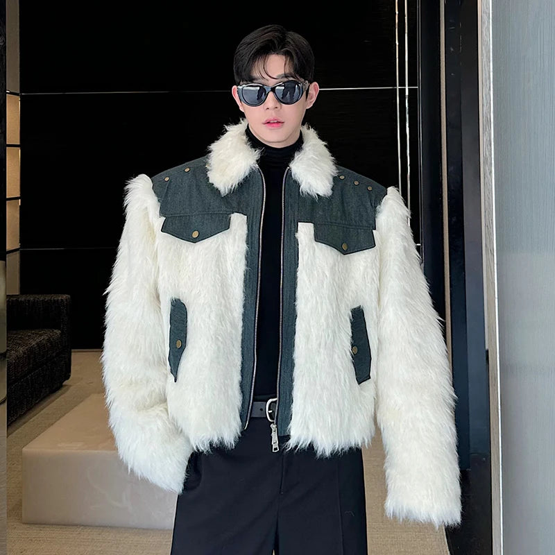 Stylish Denim Patchwork Faux Fur Winter Jacket