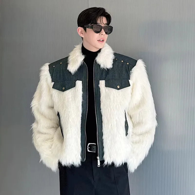 Stylish Denim Patchwork Faux Fur Winter Jacket
