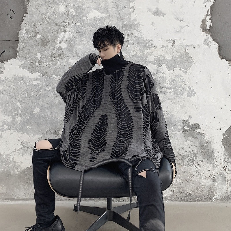 Men's Oversize Double - Layered Hollow - Out Casual Streetwear Loose Pullover