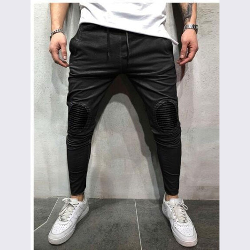 Men's Streetwear Oval Patched Knee Drawstring Full - Length Jogger - Style Pants