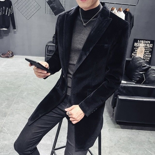 Men's Single-Breasted Wool Blend Outer Coat with English Style Design