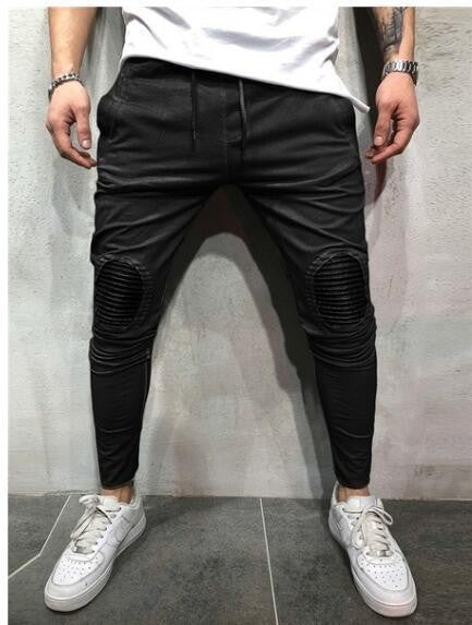 Men's Streetwear Oval Patched Knee Drawstring Full - Length Jogger - Style Pants