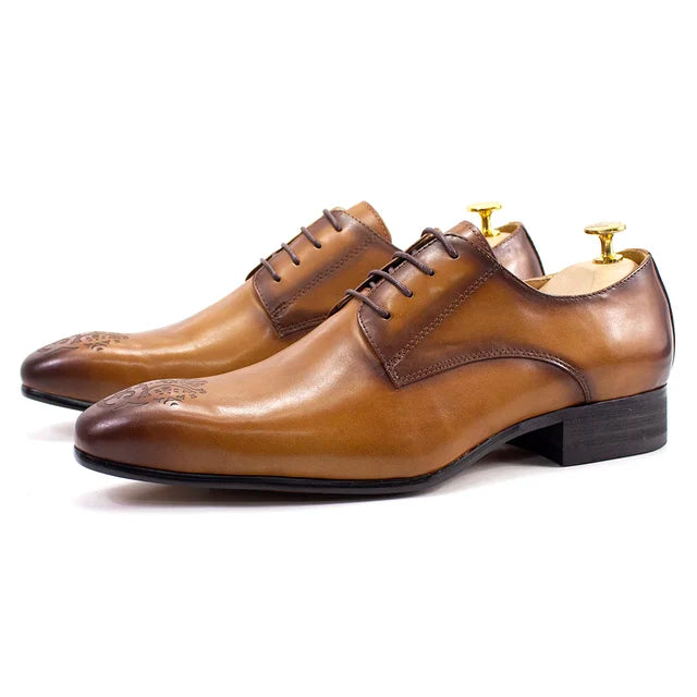 Authentic Leather Pointed-Toe Lace-Up Oxford Style Men's Dress Shoes