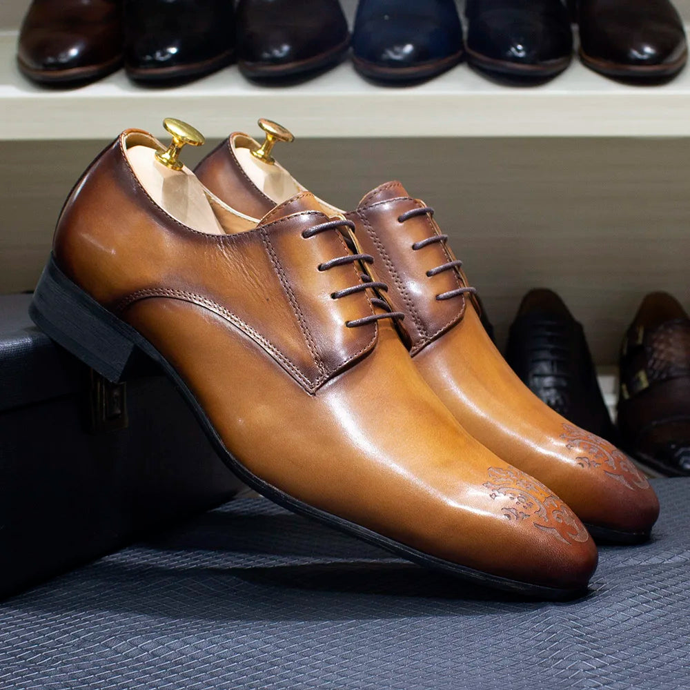 Authentic Leather Pointed-Toe Lace-Up Oxford Style Men's Dress Shoes