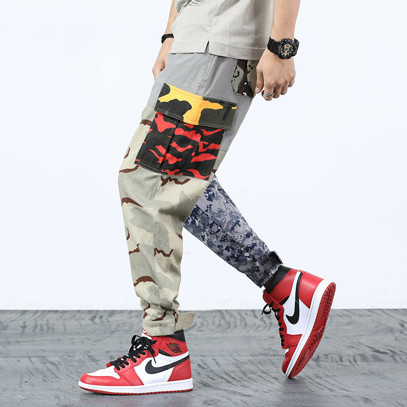 Men's Tactical Cargo Pants with Mix Camouflage Pattern Patchwork
