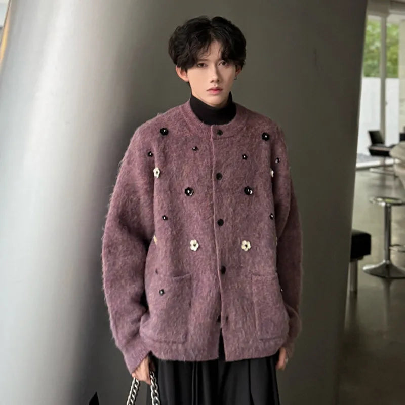 Men's Loose Floral Beaded Cardigan for a Casual Sophistication