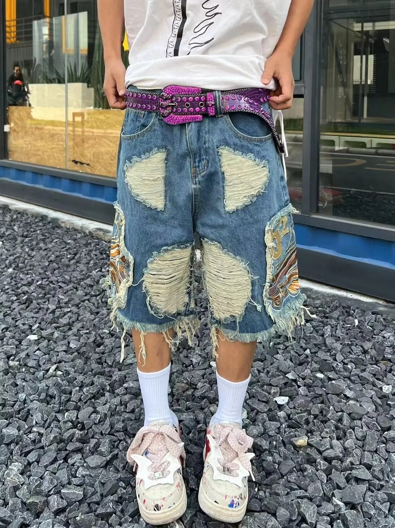 Stylish Embroidered Patchwork Low - Rise Ripped Denim Shorts