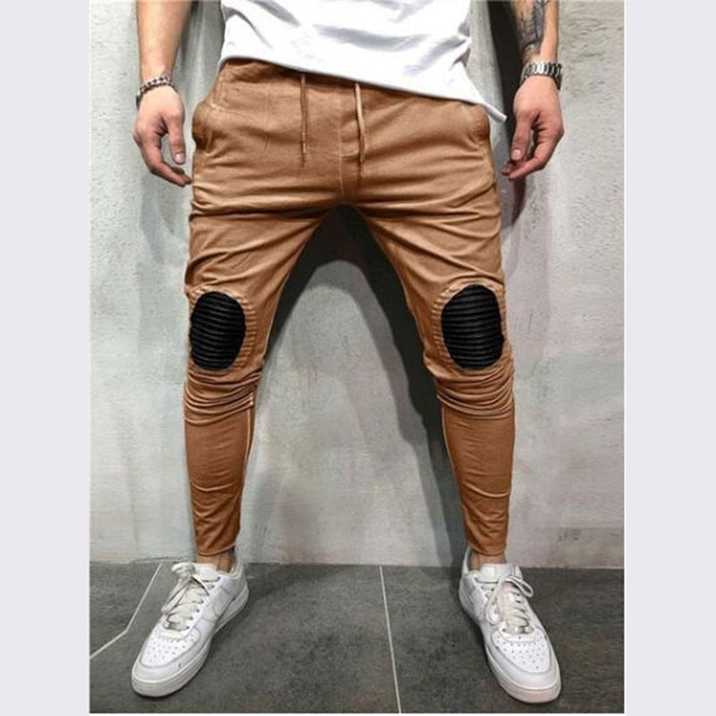 Men's Streetwear Oval Patched Knee Drawstring Full - Length Jogger - Style Pants