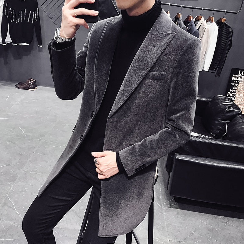 Men's Single-Breasted Wool Blend Outer Coat with English Style Design