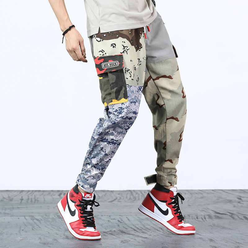 Men's Tactical Cargo Pants with Mix Camouflage Pattern Patchwork