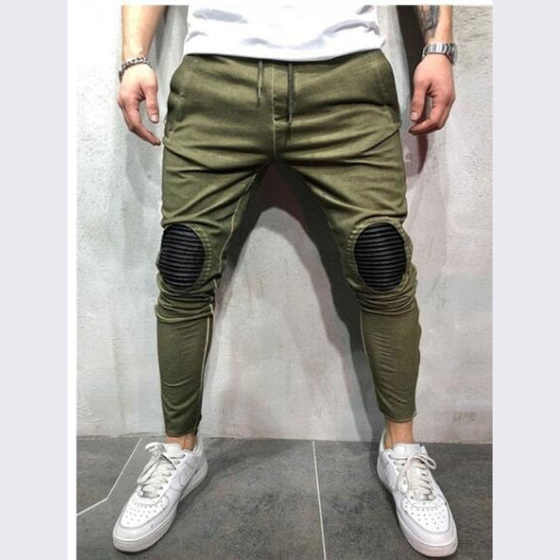 Men's Streetwear Oval Patched Knee Drawstring Full - Length Jogger - Style Pants