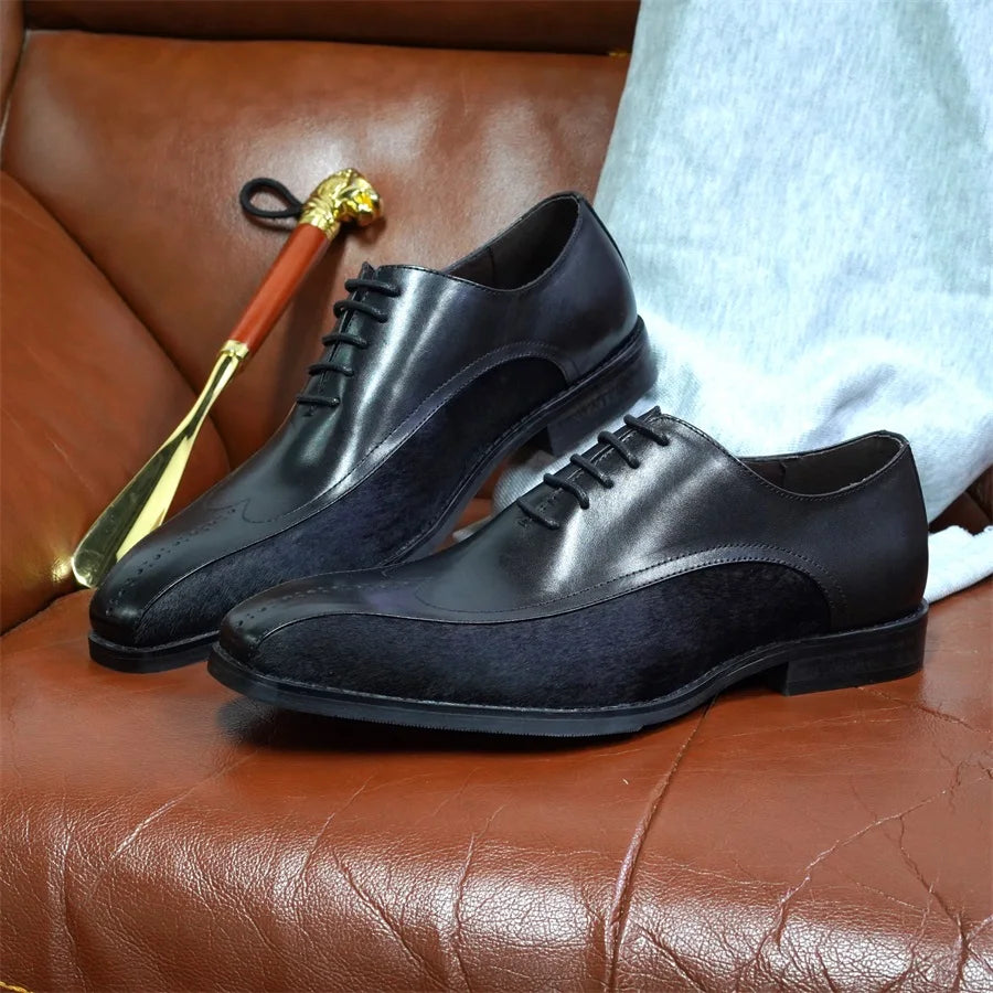 Luxurious Handmade Genuine Leather Fluff Lace - Up Shoes