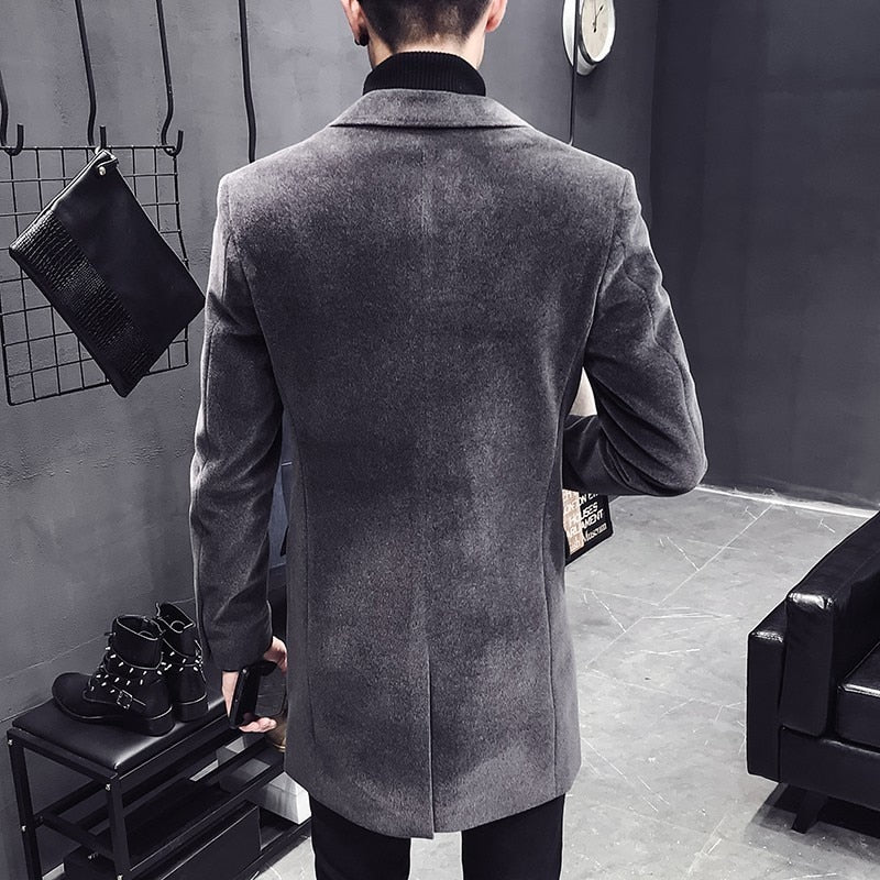 Men's Single-Breasted Wool Blend Outer Coat with English Style Design