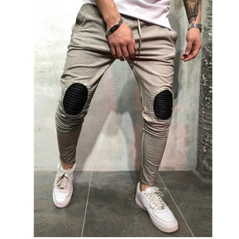 Men's Streetwear Oval Patched Knee Drawstring Full - Length Jogger - Style Pants