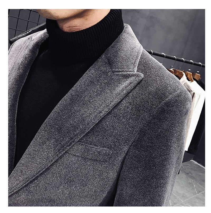 Men's Single-Breasted Wool Blend Outer Coat with English Style Design