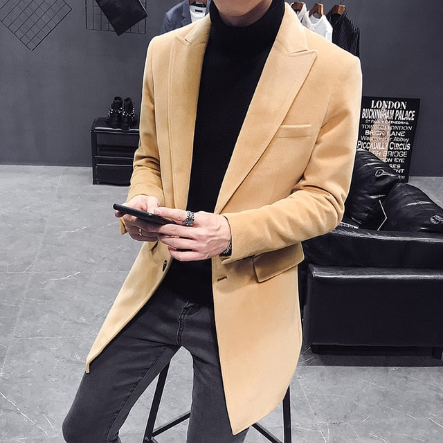 Men's Single-Breasted Wool Blend Outer Coat with English Style Design