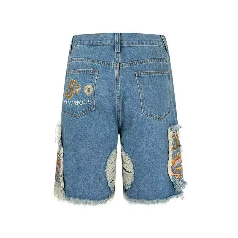 Stylish Embroidered Patchwork Low - Rise Ripped Denim Shorts