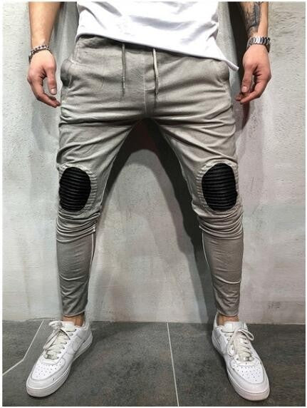 Men's Streetwear Oval Patched Knee Drawstring Full - Length Jogger - Style Pants
