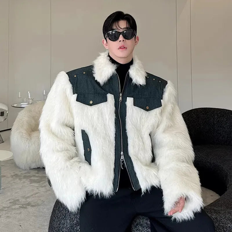 Stylish Denim Patchwork Faux Fur Winter Jacket