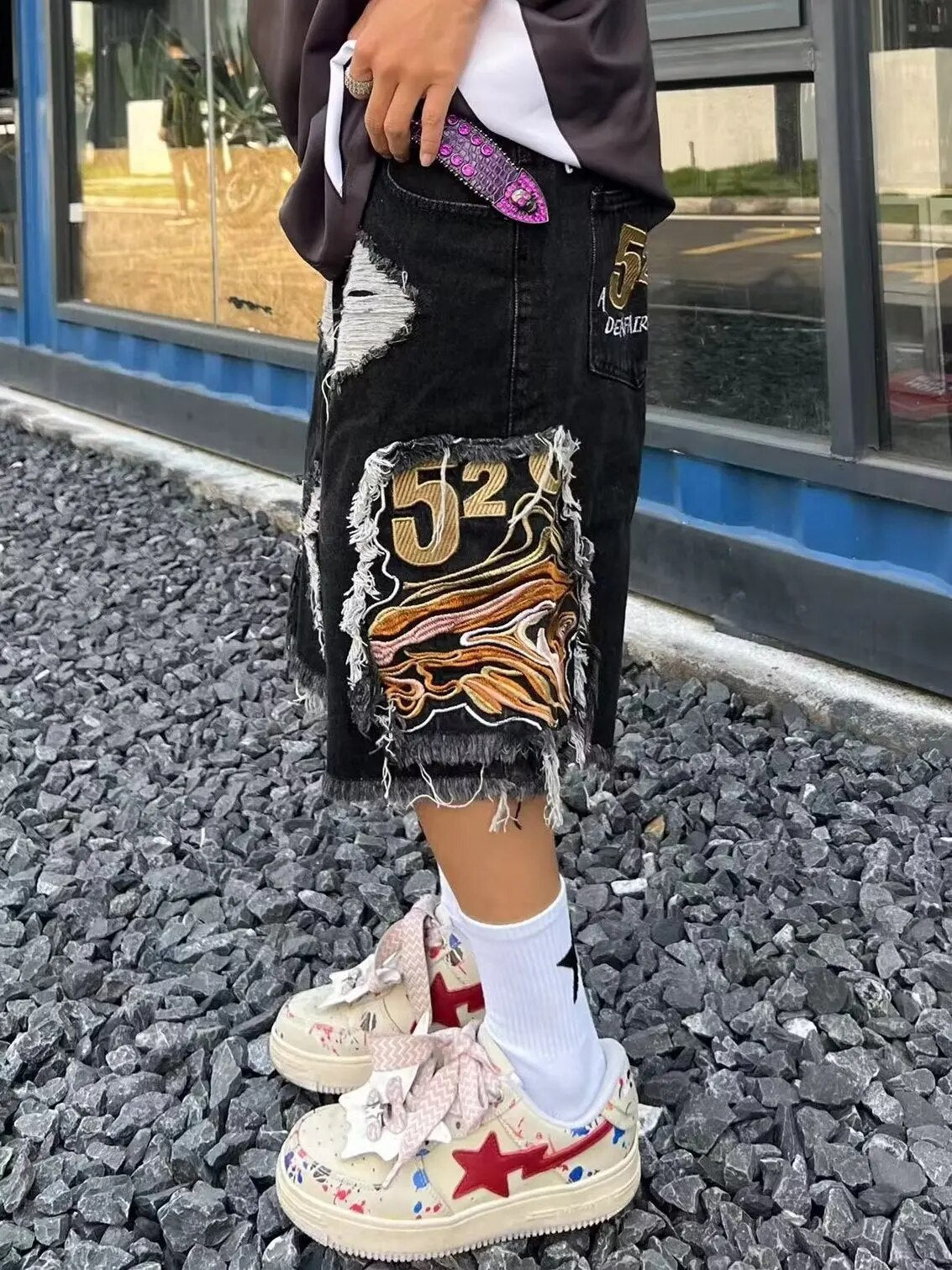 Stylish Embroidered Patchwork Low - Rise Ripped Denim Shorts