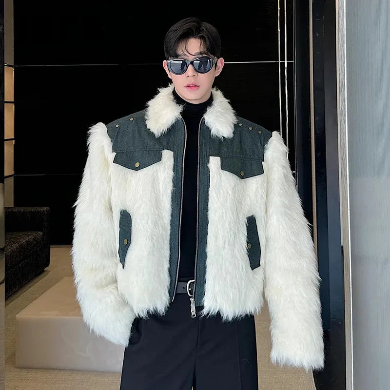 Stylish Denim Patchwork Faux Fur Winter Jacket