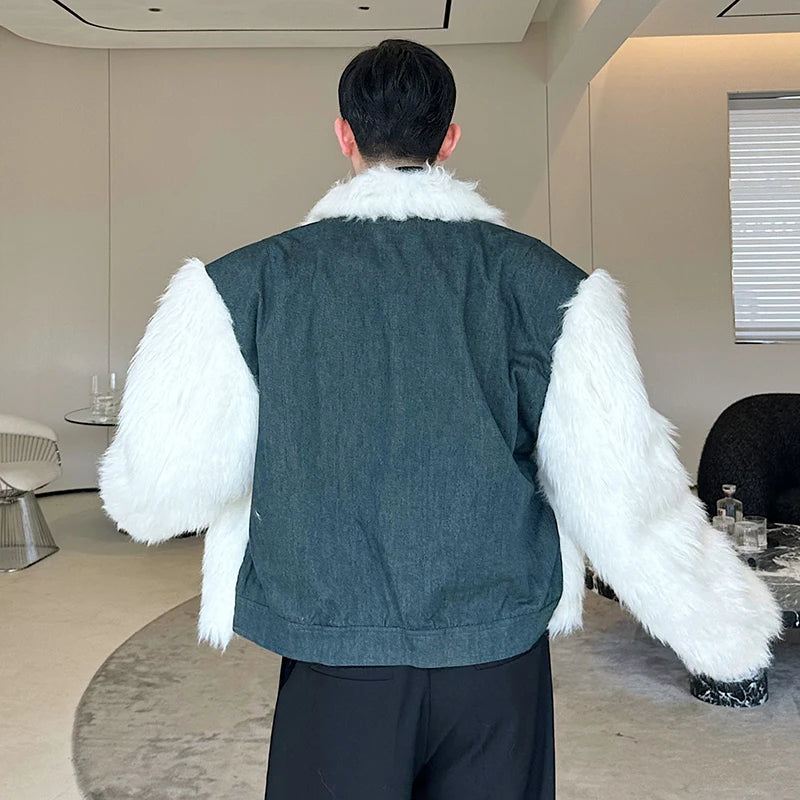 Stylish Denim Patchwork Faux Fur Winter Jacket