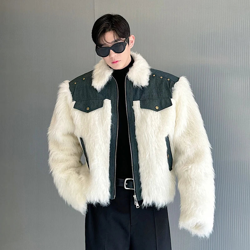 Stylish Denim Patchwork Faux Fur Winter Jacket