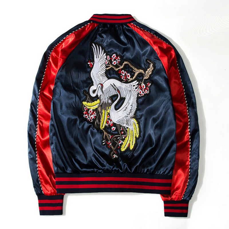 Stylish Harajuku Sukajan with White Phoenix Floral Embroidery