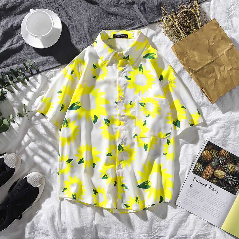 Stylish Hawaiian Sunflower Print Short-Sleeved Men's Polyester Shirt