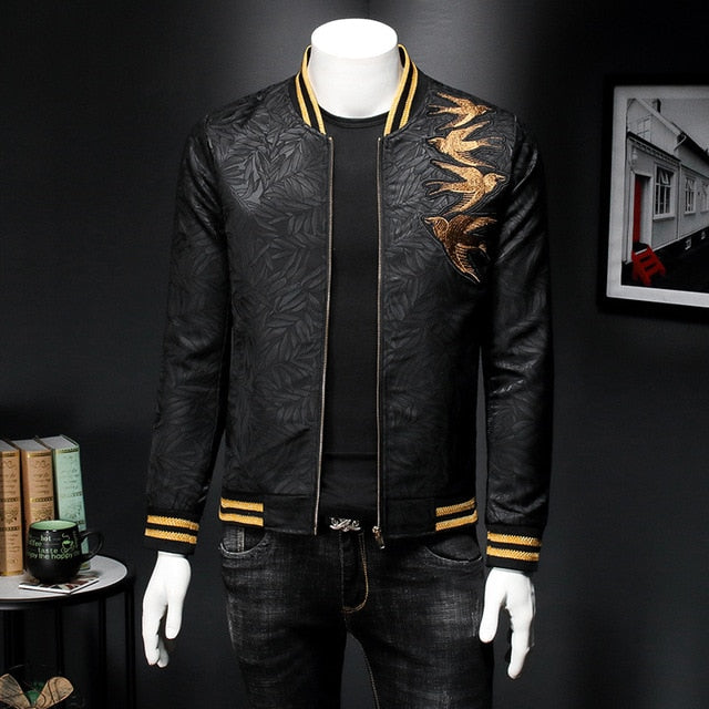 Men's Spring Gold Embroidery Print Slim-Fit Dark Bomber Jacket