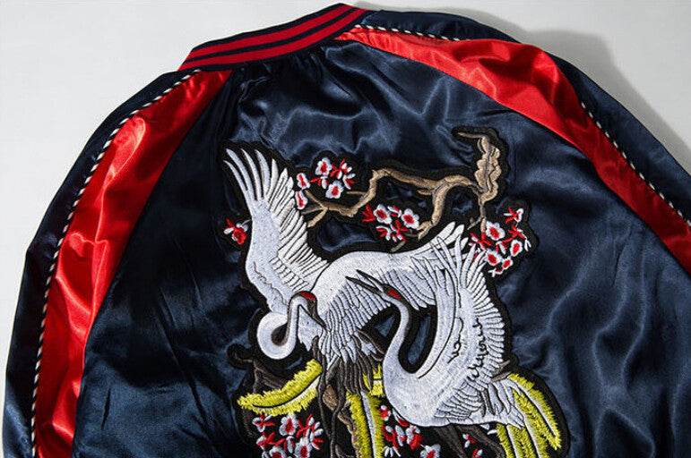 Stylish Harajuku Sukajan with White Phoenix Floral Embroidery