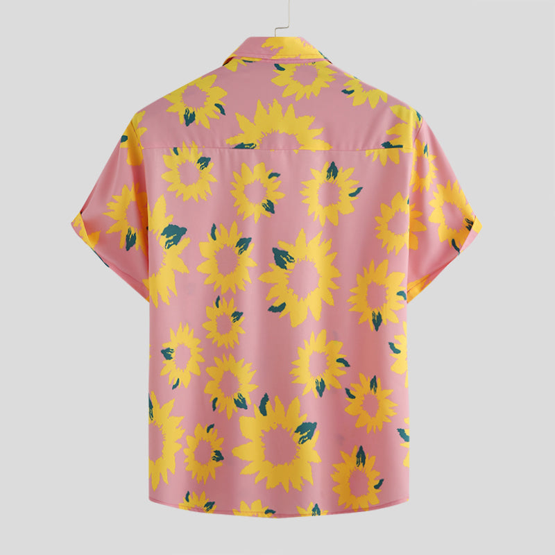 Stylish Hawaiian Sunflower Print Short-Sleeved Men's Polyester Shirt