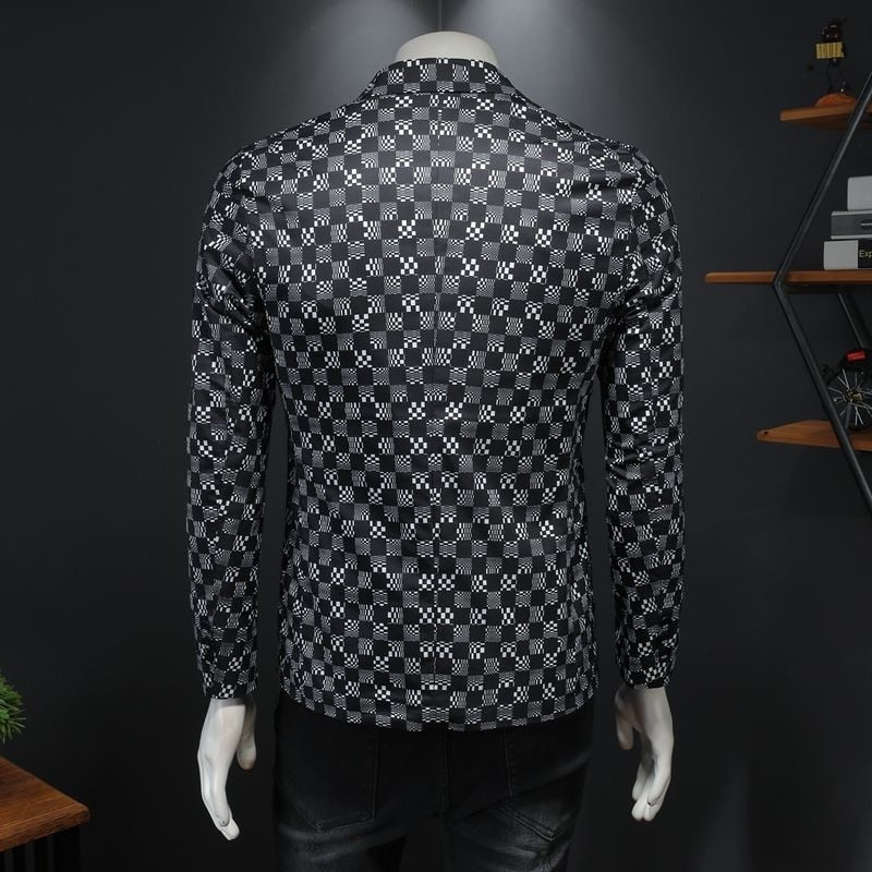 Stylish Grey Checkered Technology Plaid Printed Men's Blazer for Spring and Autumn
