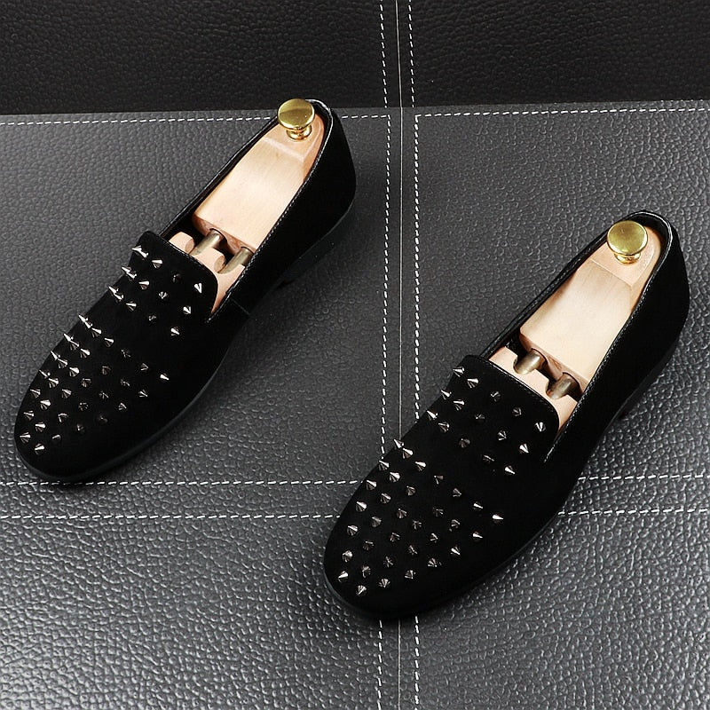 Men's Solid Black Riveted Punk-Style Casual Loafers Shoes