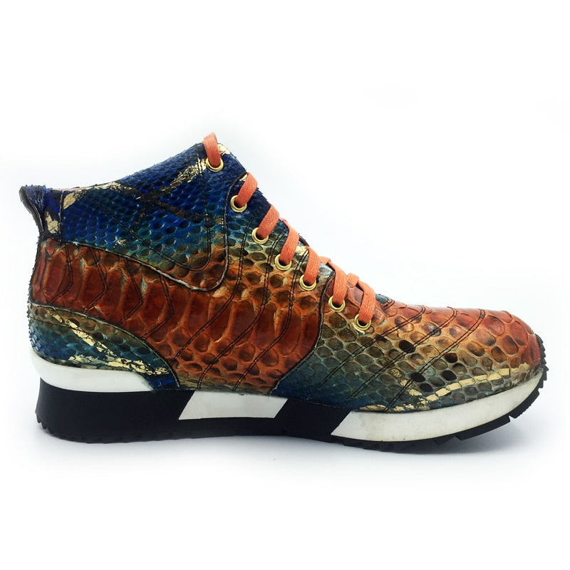 Men's High Top Lace-Up Sneakers with Colorful Snake Print Full Grain Leather