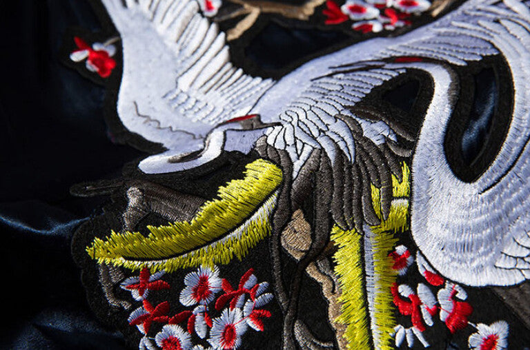 Stylish Harajuku Sukajan with White Phoenix Floral Embroidery