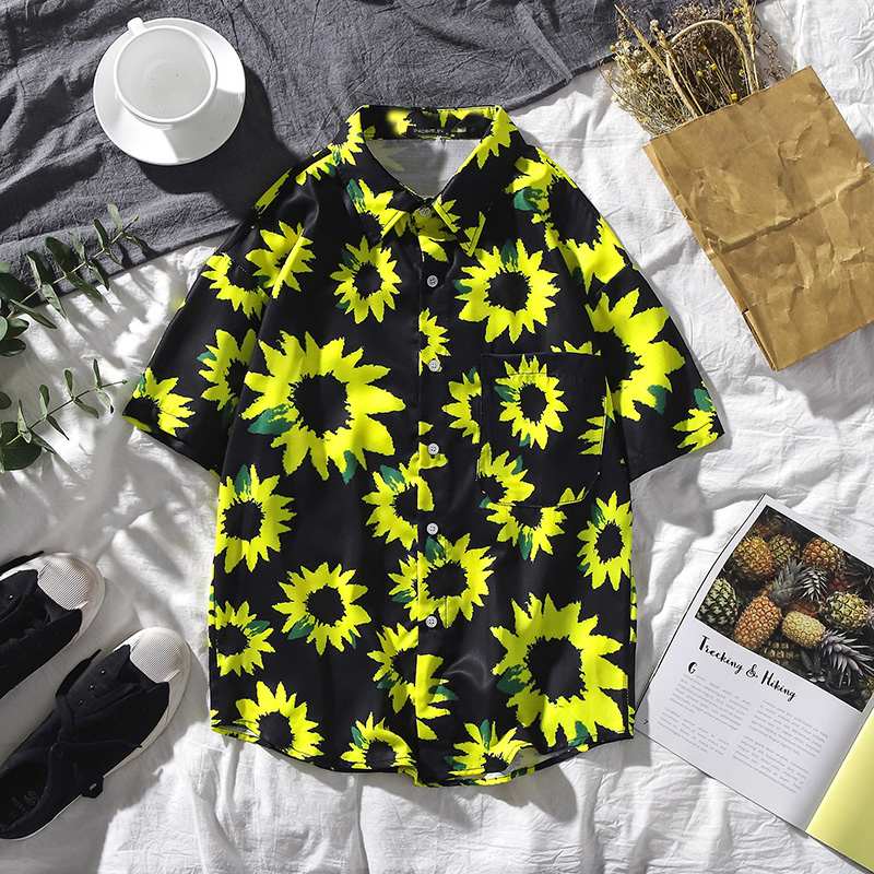Stylish Hawaiian Sunflower Print Short-Sleeved Men's Polyester Shirt