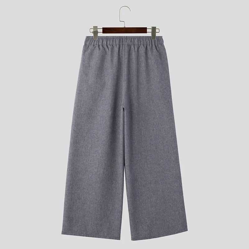 Midweight Solid Color Drawstring Regular-Fit Straight Loose Full-Length Pants