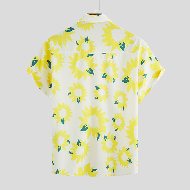 Stylish Hawaiian Sunflower Print Short-Sleeved Men's Polyester Shirt